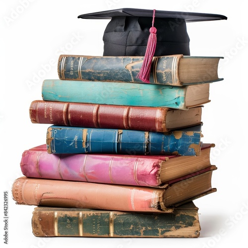 stack of books with a graduation cap on top