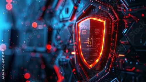 Futuristic cyber security shield with glowing red light on technology background, representing IT protection and data safety.