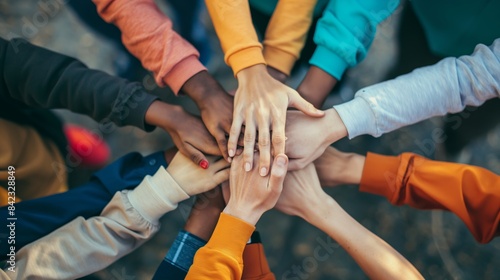 This image captures a team-building moment with a top view of diverse hands joined in the center, symbolizing unity and teamwork