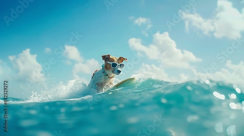 jack russell dog surfing on a wave on ocean sea on summer vacation holidays with cool sunglasses and flower chain : Generative AI
