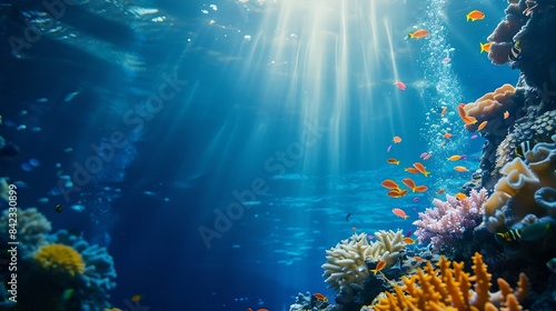 underwater coral reef landscape super wide banner background in the deep blue ocean with colorful fish and marine life : Generative AI