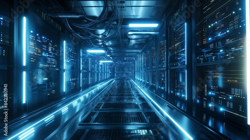 An illuminated server room with futuristic blue lights provides a glimpse into advanced technological infrastructures