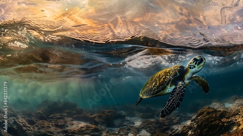 An endangered Hawaiian Green Sea Turtle cruises in the warm waters of the Pacific Ocean in Hawaii : Generative AI