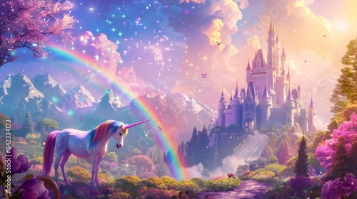 A magical unicorn stands before a majestic castle, bathed in the light of a rainbow and sparkling stars.