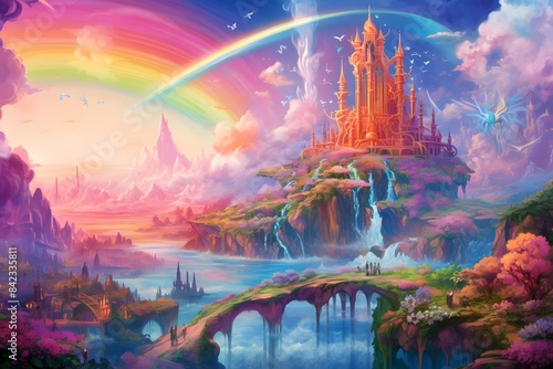 Beautiful fantasy landscape with a fountain and a rainbow in the sky