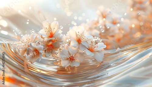 3d render of white jasmine flowers on golden background with bokeh effect