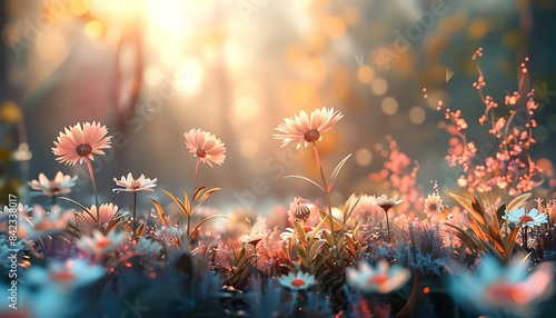 Wildflowers in the meadow at sunset. 3d render