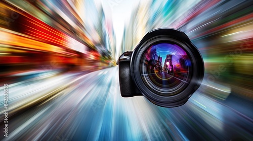 photo camera lens, on urban city motion blur background with lights