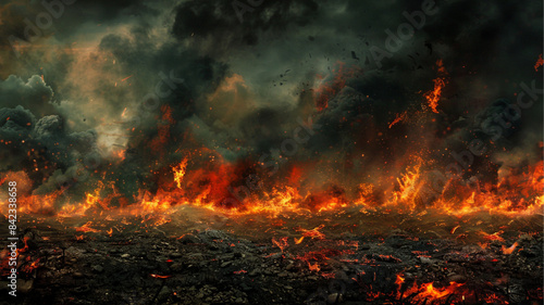  a war-torn landscape background. depict a desolate battlefield with extensive fire billowing smoke. The ground is charred and littered with debris. sky is dark and filled with dense smoke clouds