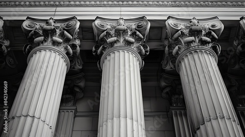 Black and white photo of three columns with ornate capitals.