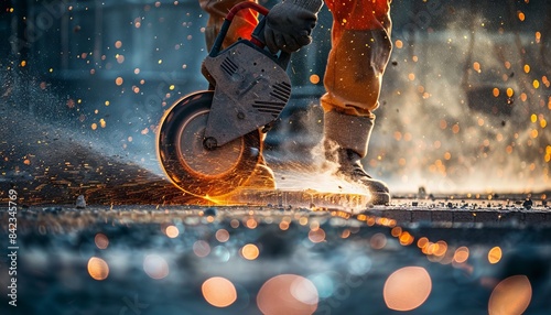 A construction worker uses a grinder to cut metal, sparks flying in the air.