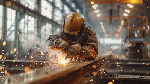 A welder works on a metal beam in a factory, sparks flying from his welding torch.