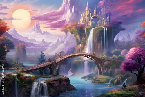 Digital painting of a beautiful fantasy landscape with a bridge and a waterfall.