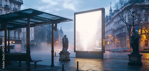 City square bus stop features an ultra-tall billboard, shrouded in morning fog.