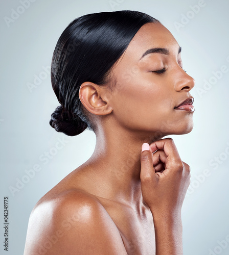 Skincare, face and eyes closed in side profile for luxury facial treatment and transformation in studio. Beauty, female person or model with dermatology, collagen and cosmetics for natural skin glow