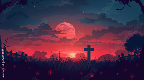 The blood moon rises over a graveyard.