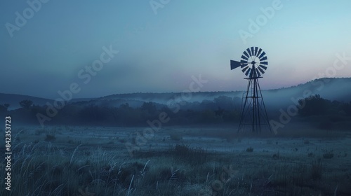Aging windmill under a dusky sky, mist veiling surrounding rural fields, silhouetted against distant misty peaks, serene ambiance