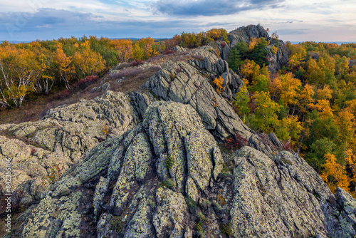 rocks on the ridge and ryndyk in the Southern Urals, beautiful autumn day