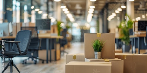 Blurred background of modern office interior with empty chairs and cardboard boxes. Concept of moving office, relocation, new beginning.