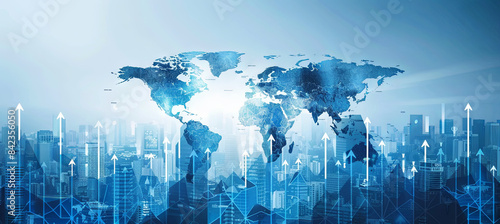 Banner featuring a light blue world map adorned with numerous upward-pointing arrows symbolizing the current trend of business growth