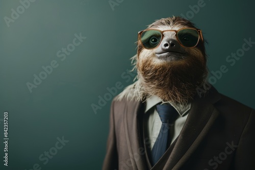 Sloth in a suit and sunglasses looking like a boss