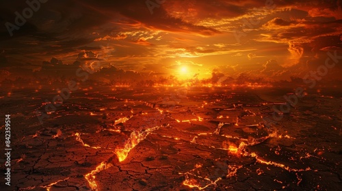 Desolate wasteland under a burning sun, ground cracked and lifeless, with glowing embers scattered across the horizon