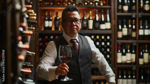 The picture of the professional sommelier in the wine storage room, The professional sommelier need the experience in wine to perfect the skill in recommending appropriate wine for customer. AIG43.