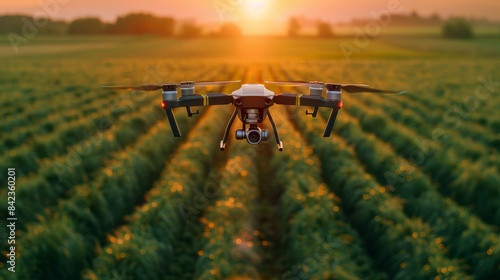 A drone flying over a green agricultural field during sunset, showcasing modern technology in farming and agriculture.