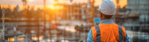 Construction worker at a building site with sunset background, wearing safety gear, supervising the progress and ensuring safety standards.