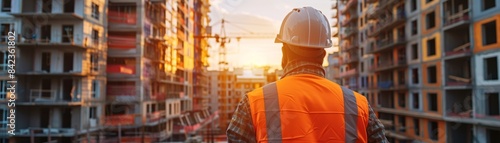 Construction worker in a safety vest and helmet surveying an urban construction site at sunset with partially built structures around.