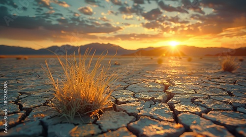Cracked desert floor with sparse tufts of hardy grass, the sun setting in the background, emphasizing the struggle and survival in extreme conditions