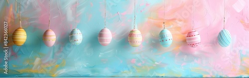 Pastel Painted Easter Eggs Banner on Textured Wall - Happy Easter Greeting Card and Panorama Celebration