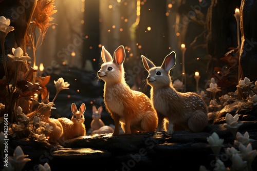 3d rendering of a group of easter bunnies in the forest