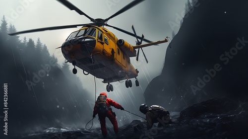 Illustrate a helicopter lowering a rescue worker to save someone from a precarious situation.