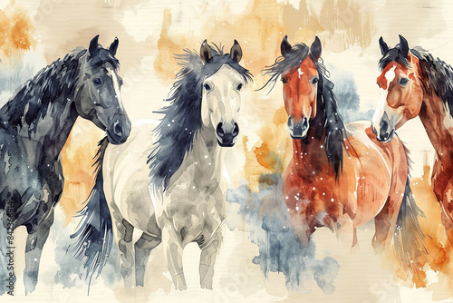 Watercolor illustration of seamless pattern with horse