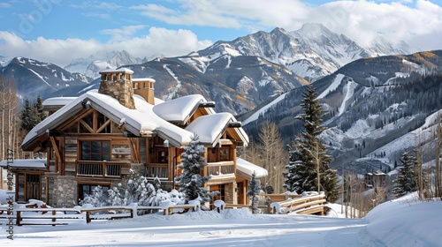 A mountain ski chalet with hand-hewn beams offers a cozy haven for winter sports enthusiasts.