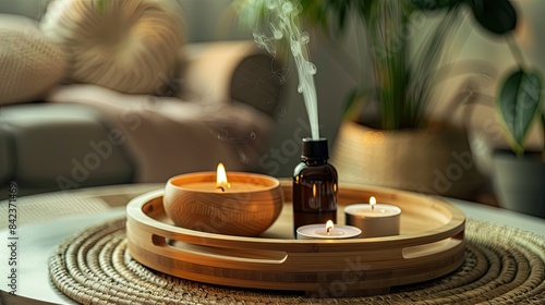 Wooden relax with aromatherapy treatment in a tray in a room interior
