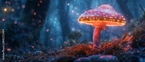 A single tall bioluminescent mushroom standing out, glowing vibrantly in the dark forest