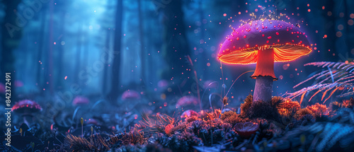 A single tall bioluminescent mushroom standing out, glowing vibrantly in the dark forest