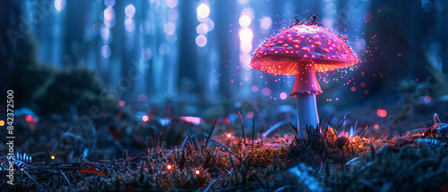 A single tall bioluminescent mushroom illuminating the dark forest with vibrant light