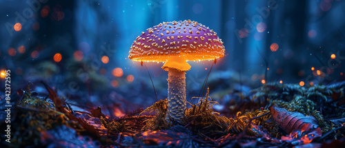 A single tall bioluminescent mushroom glowing vibrantly in the dense dark forest