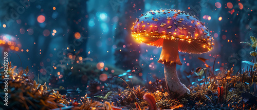A single vibrant bioluminescent mushroom illuminating the dark forest