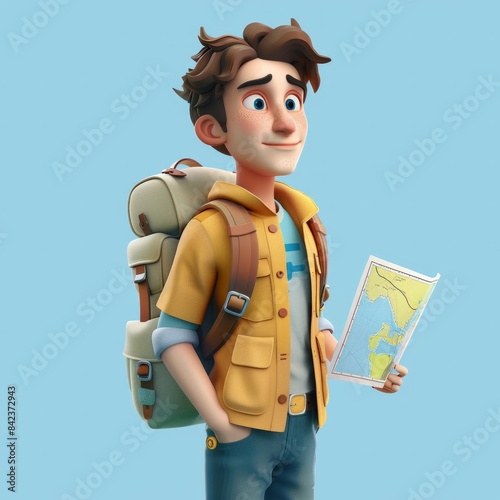 Illustrate a 3D portrait of a cartoon traveler with a backpack and a map, looking eager and adventurous. The background is an isolated, AI Generative