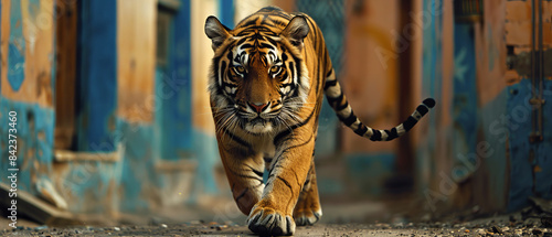 A tiger prowling along the streets of a coastal town