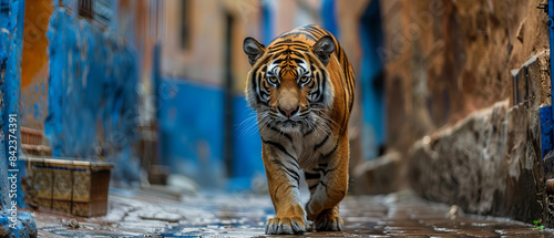 A tiger strolling along a narrow alley in a vibrant city