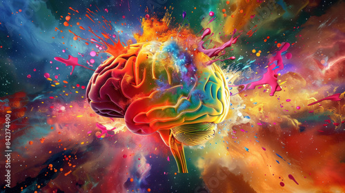 A vibrant human brain exploding with colorful knowledge and creativity, with ideas and concepts bursting forth in a radiant display.