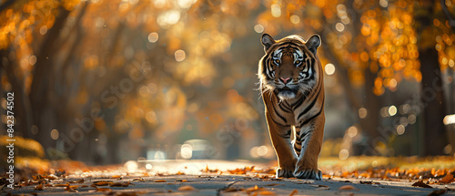 A tiger strolling along a peaceful suburban street in the morning