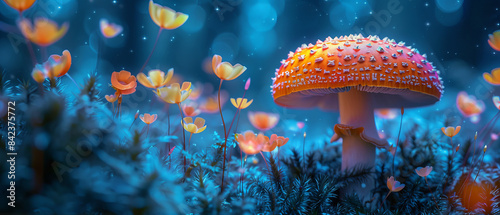 A vibrant bioluminescent mushroom lighting up the dark, dense forest floor