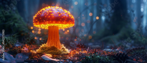 A vibrant glowing mushroom emitting bioluminescent light in the dark forest