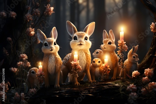 Cute Easter bunnies with burning candles in the forest.